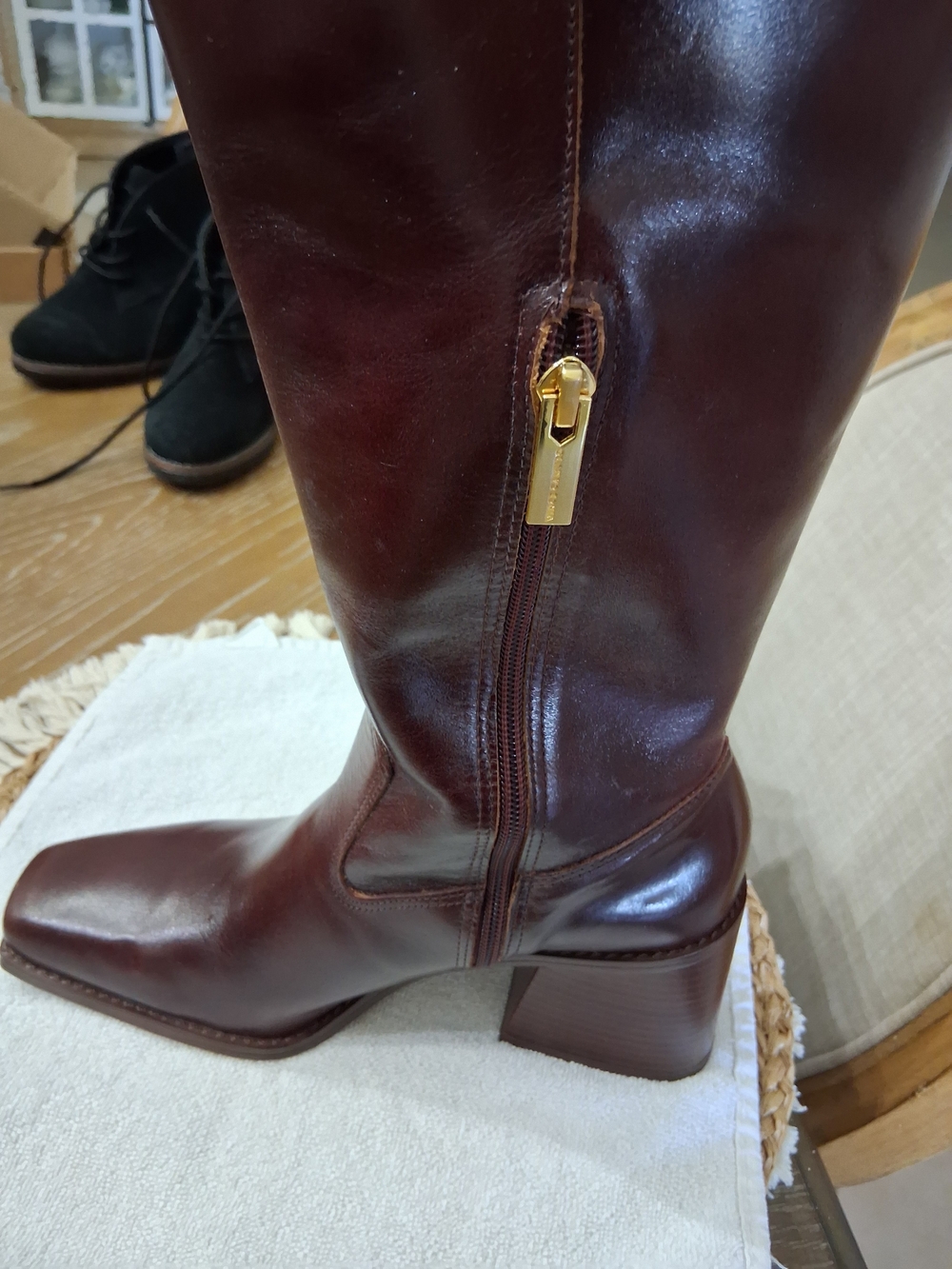 Vince Caputo.Wide Calf Leather Knee-High Zip Boot in Deep Burgundy
